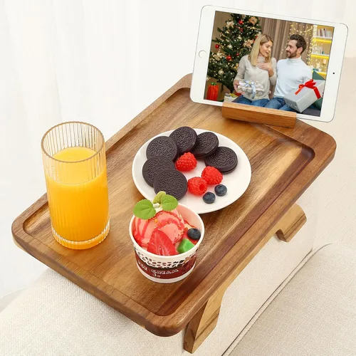 Vista 19 de Mesa auxiliar con clip para mesa auxiliar, mesa de sofá BAMBOOTRAY para sofás anchos, bandeja para reposabrazos de sofá para espacios pequeños, mesa