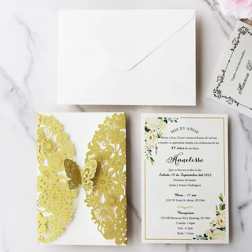Vista 40 de Hosmsua 20 tarjetas de invitación de boda de champán con sobres de 5.12 x 7.3 pulgadas, cortadas con láser, mariposa, encaje, invitación para boda