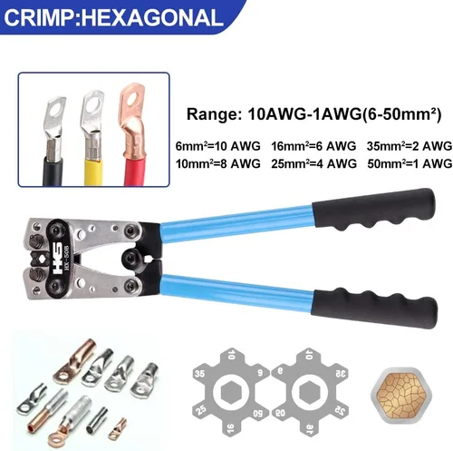Vista 2 de HKS Herramienta de prensado de cable de batería para terminales de anillo de cobre AWG 10-1, crimpadora resistente para terminales de alambre