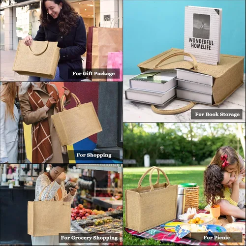 Vista 7 de Shappy Burlap Tote Bags with Handles, Jute Grocery Bags with Laminated Interior for Wedding, 15.8 x 11.8 x 5.9