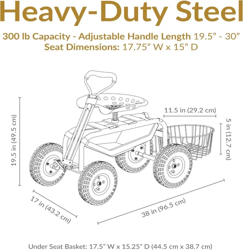 Vista 7 de Sunnydaze Rolling Garden Cart with Swivel Seat, Handle, and Basket