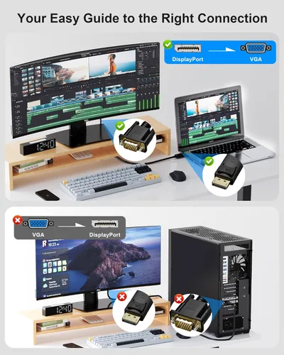 Vista 3 de Cable de Display Port a VGA de 3 pies, cable adaptador convertidor Display Port DP a VGA macho a macho para computadora, monitor, TV, proyector