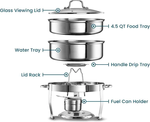 Vista 4 de Kook - Juego de platos para bufé, calentadores de alimentos para catering, platos redondos, bandeja calentadora, acero inoxidable con cubierta