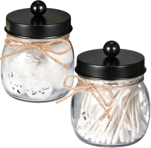 SheeChung Paquete de 2 soportes Qtip, decoración de baño negra, soportes para hisopos de algodón, tarros de baño, decoración de baño para bolas de