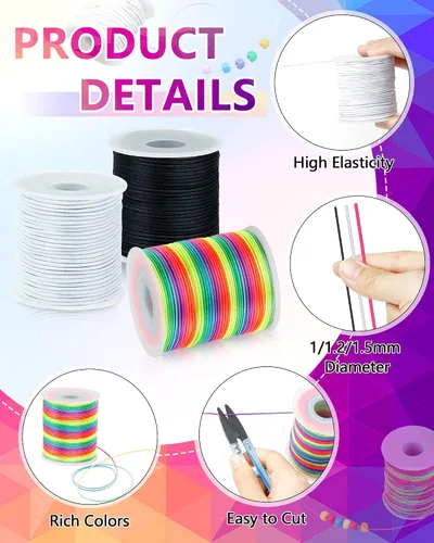 Vista 3 de FIVEIZERO 2 Rollos de Cuerda Elástica Negra para Pulseras Total 330 Pies, Cordón Elástico de 1mm, 1.2mm, 1.5mm para Enhebrar con Aguja