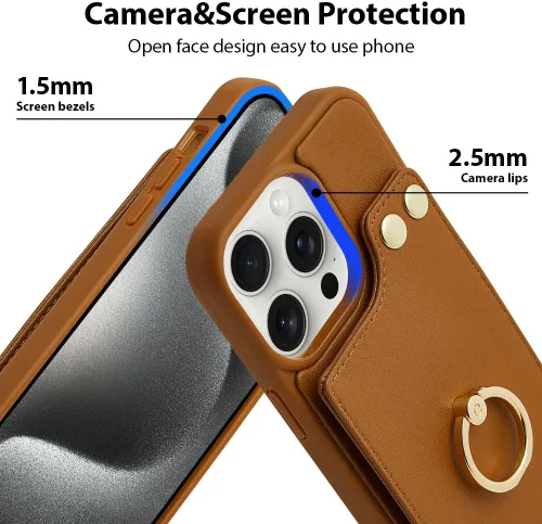 Vista 4 de LAMEEKU Funda tipo cartera para iPhone 15 Pro con soporte para tarjetas, funda de piel sintética con ranuras para tarjetas, soporte de anillo