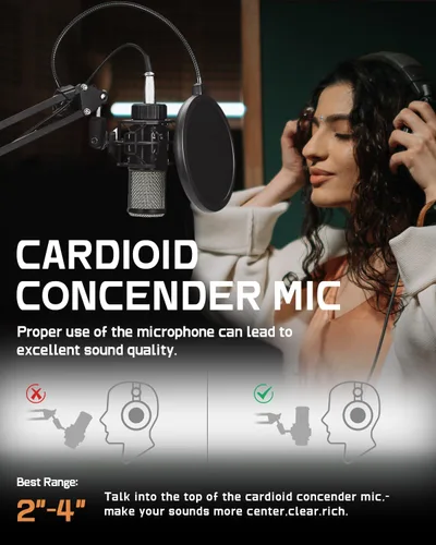 Vista 2 de ALABS Micrófono de condensador XLR, kit profesional de micrófono cardioide de grabación con diafragma de 25 mm para streaming, podcasting, canto
