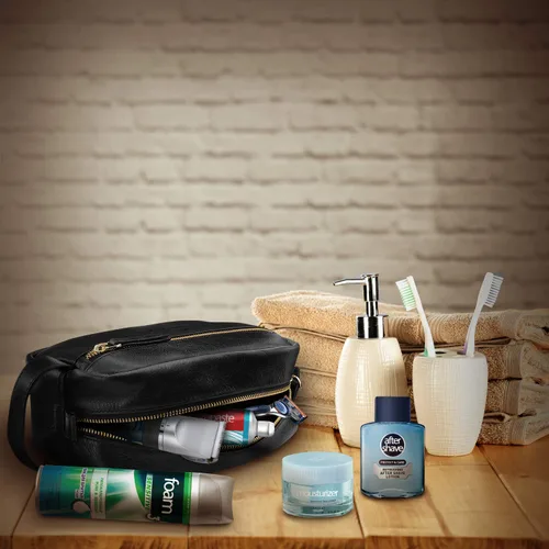 Vista 8 de Londo Neceser de viaje de cuero genuino, maquillaje, bolsa organizadora de afeitado - Kits Dopp - Unisex