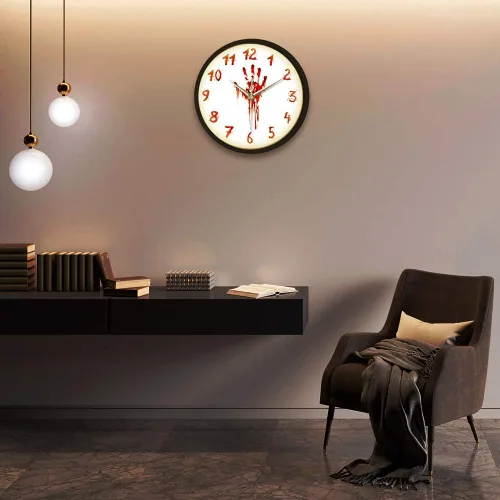Vista 7 de Geek Alerts Reloj iluminado con control de voz LED, mano sangrienta, horror, funciona con pilas, luz LED inteligente, reloj de pared Qaurtz