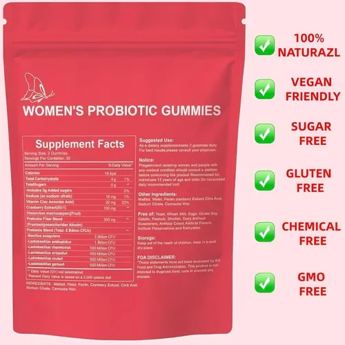 Vista 6 de Suplementos nutricionales prebióticos Gomitas probióticas para mujeres y mujeres, probióticos exclusivos con pH equilibrado, control de sabores