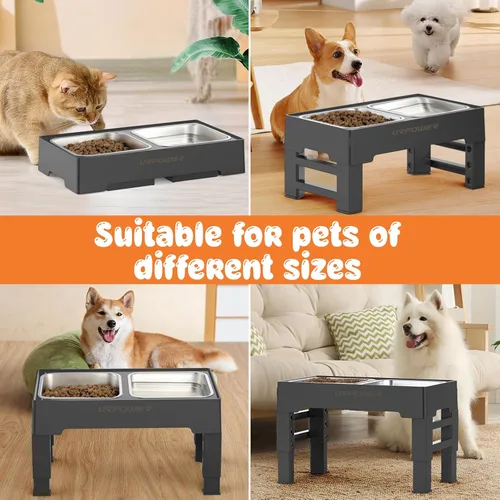 Vista 7 de URPOWER Cuencos elevados para perros, soporte elevado ajustable de 4 alturas con 2 cuencos grandes de acero inoxidable para alimentos y agua