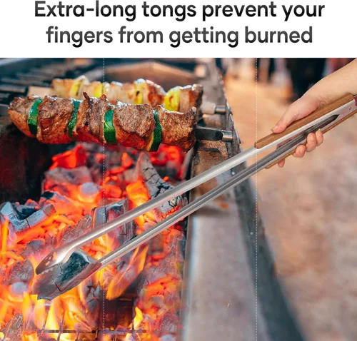 Vista 5 de XUDAKAIXIN Pinzas para barbacoa de acero inoxidable de 18 pulgadas de largo con mango de acacia de lujo extendido, herramienta de parrilla duradera