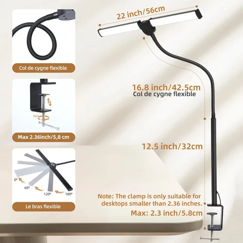 Vista 2 de Motumen Lámpara de Escritorio LED para Oficina en Casa, Luz de Arquitecto para Cuidado de los Ojos con Abrazadera, Lámpara Inteligente de Doble