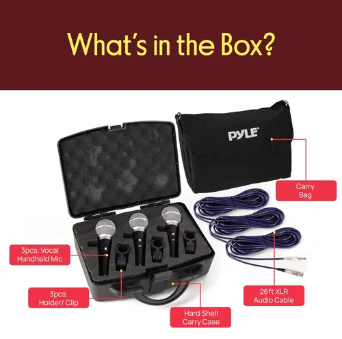 Vista 6 de Pyle Kit de micrófono dinámico profesional de 3 piezas, micrófono cardioide unidireccional vocal de mano con funda de transporte rígida y bolsa