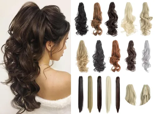 Vista 36 de Felendy Extensión de cola de caballo de 18 pulgadas, mezcla de rubio ceniza, marrón oscuro, rizado, ondulado, con clip, extensiones de cabello largo