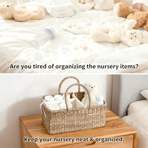 Vista 2 de Organizador de pañales de mimbre para bebé, cesta tejida de hierba marina con asas, cesta de pañales con divisores (rectangular)