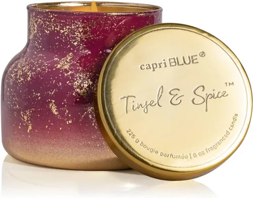 Vista 23 de Capri Blue Glimmer Mini Tin - Vela perfumada a manzana con mini portavelas, mezcla de cera de soja, Capri Blue Apple Cider Social Red and Gold