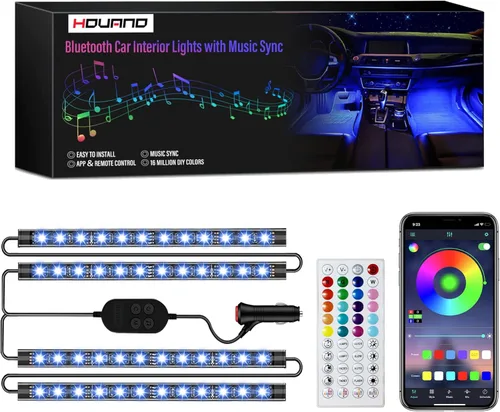 Hovano luces interiores de auto LED, control de aplicación con cargador de auto, cambio de color RGB con sincronización de música y modo DIY, diseño