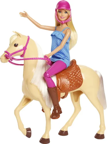 Vista 5 de Barbie Playset con muñeca rubia de moda en atuendo de montar y caballo castaño claro con silla, brida y riendas (exclusivo de Yaxa)