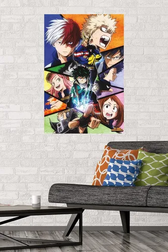Vista 3 de Trends International My Hero Academia-Faces - Póster de pared de 14.725 x 22.375 pulgadas, versión con marco en color madera rústica Versión