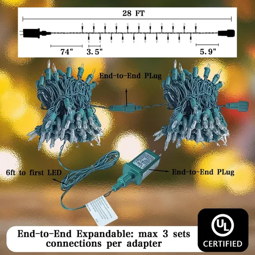 Vista 4 de Heyworld Luces de Parpadeo Lento 75 LED, Luces Navideñas de Parpadeo Suave, Cadena de Luces Certificada UL Impermeable, 37 de 75 Luces Parpadean, 28