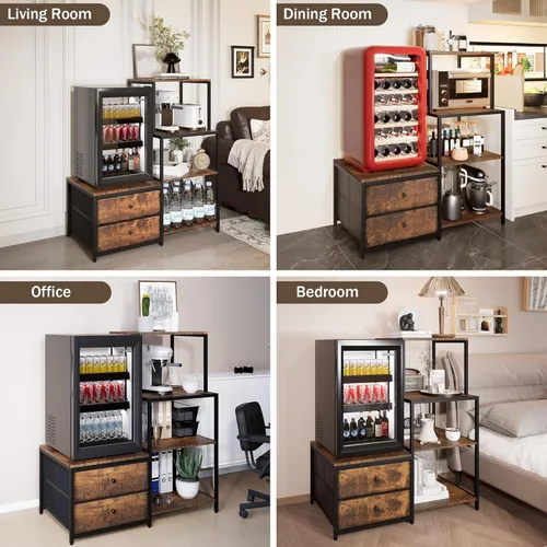 Vista 5 de Soporte para Mini Refrigerador con Almacenamiento, Soporte para Microondas y Mini Refrigerador con Toma de Corriente, Barra de Café, Estante