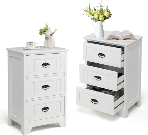 COSTWAY Mesita de noche con 3 cajones, mesa auxiliar para dormitorio, almacenamiento de madera, mesita de noche, color blanco