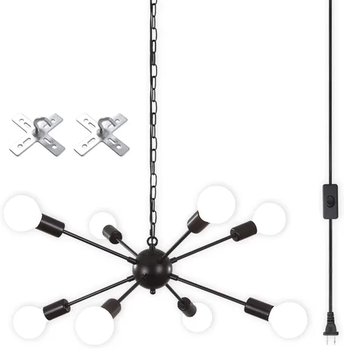Vista 9 de LASENCHOO Lámpara de araña con enchufe negra de 6 luces Lámpara colgante con enchufe Luces colgantes con cable de enchufe de 15.1 pies y 6