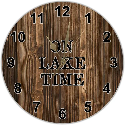 On Lake Time - Reloj de pared de grano de madera marrón, reloj redondo de 12 pulgadas, funciona con pilas, sin tictac, con texto en inglés "She