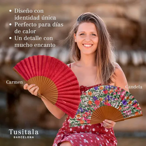 Vista 3 de Candela Spanish Fan - Madera y Algodón - 9.1 in - Estuche y estuche de yute - Accesorio de moda - Hecho a mano en España - Eventos y Regalos