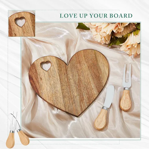 Vista 5 de Patelai 1 Juego de Tabla de Queso en Forma de Corazón para Despedida de Soltera y Baby Shower con Cuchillo, Tabla Mini de Madera para Charcutería
