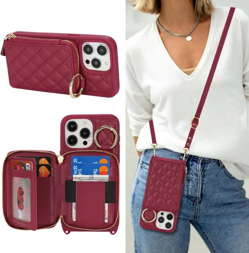 Vista 24 de Funda tipo cartera con bandolera para iPhone 15 Pro Max, funda de piel sintética con cierre de cremallera, funda tipo atril con ranuras para Oro Rosa