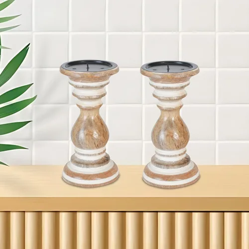 Vista 8 de Portavelas de madera rústica de color blanco lavado (juego de 2) – Soportes de pilar de 6 pulgadas de alto, decoración vintage Shabby Chic, acabado