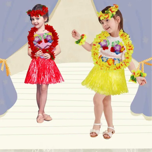 Vista 7 de Fighting to Achieve Conjunto de disfraz de falda de hierba roja hawaiana de 11.8 in para niñas