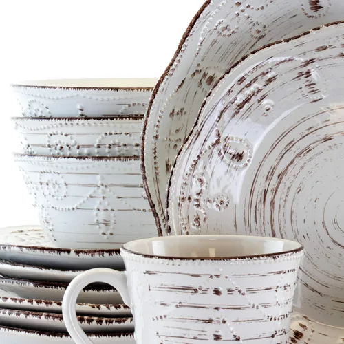 Vista 7 de Elama Rustic Birch - Juego de vajilla redonda de cerámica festoneada en relieve de 16 piezas, color blanco con detalles marrones