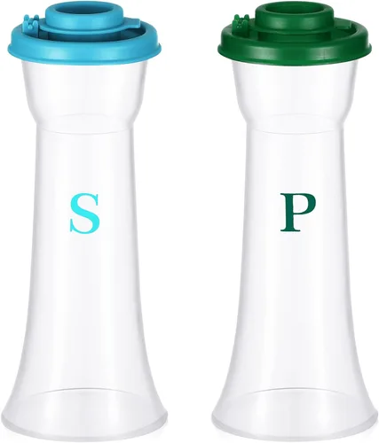 Vista 20 de Juego de 2 saleros y pimenteros de plástico con tapas, grandes cubiertos con reloj de arena a prueba de humedad, recipiente para el hogar