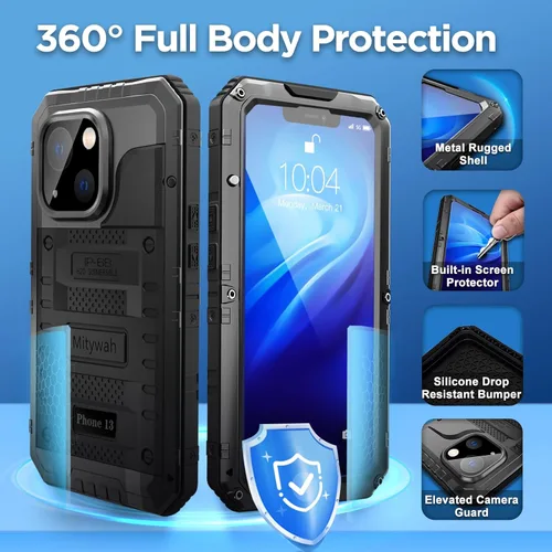 Vista 5 de Mitywah Funda impermeable para iPhone 13, resistente protección contra caídas de grado militar con protector de pantalla integrado, protección