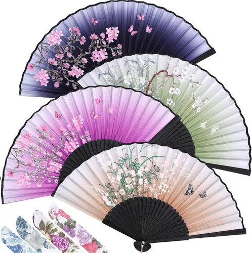 Zonon Paquete de 4 Abanicos Plegables Florales de Mano Abanicos de Seda y Bambú con Borla para Mujeres Abanico de Mano Plegable Calado con Funda de