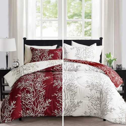 Vista 9 de Flysheep Juego de edredón reversible floral tamaño individual, juego de ropa de cama con estampado botánico blanco y azul, microfibra ultra suave
