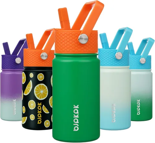 Vista 35 de BJPKPK Botella de Agua Aislada con Tapa de Pajita, 15 oz Botellas de Agua de Acero Inoxidable, Reutilizable a Prueba de Fugas sin BPA Termo, Frasco