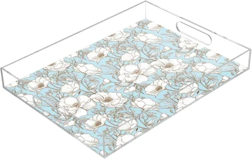 JIPONI Vintage Poppy Flowers Plastic Serving Trays, Decorative Serving Tray with Handles, Acrylic Storage Tray for Coffee Table, Bedroom, Bathroom,
