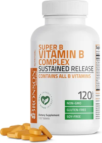 Vista 7 de Bronson Complejo de vitamina B Super B de liberación lenta sostenida (vitamina B1, B2, B3, B6, B9 - ácido fólico, B12) contiene todas las vitaminas