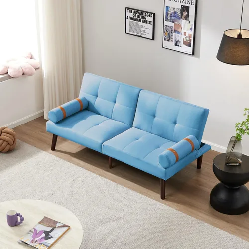 Vista 2 de HMFULE Sofá cama convertible con patas de madera maciza, tela de lino, moderno sofá futón tapizado ajustable para espacio de vida compacto, azul