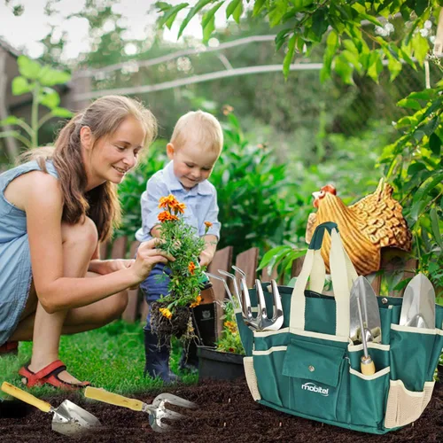 Vista 5 de Juego de herramientas de jardín de 7 piezas, incluye taburete plegable con bolsa de herramientas, kit de herramientas de jardinería todo en uno