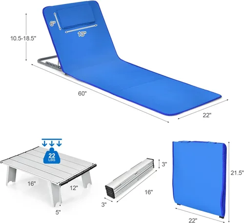Vista 3 de GYMAX Sillas de playa, sillas de bronceado plegables con juego de mesa, silla de piso ajustable para patio, silla de baño de sol al aire libre