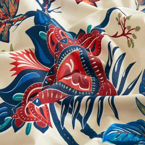 Vista 6 de Chezmoi Collection Paradise - Juego de sábanas florales de 3 piezas, multicolor, azul, rojo, naranja, crema, de microfibra con bolsillo profundo