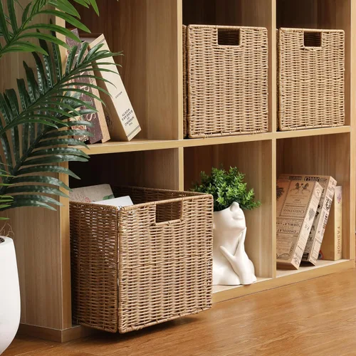 Vista 7 de Cesta de almacenamiento de mimbre de plástico de 12x12x10 pulgadas, cesta de almacenamiento de cubo de mimbre plegable para estantes, cesta