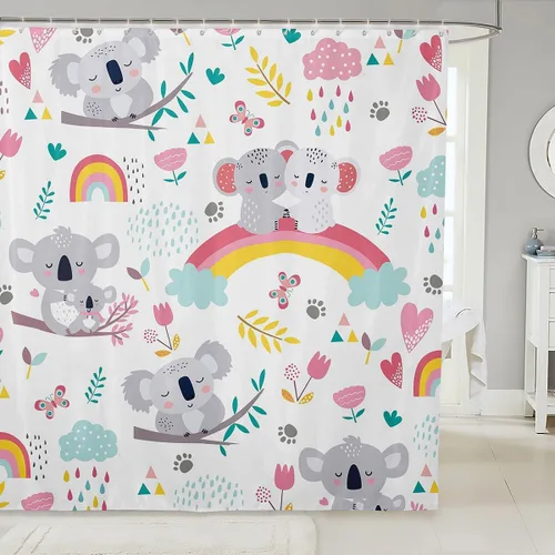 Cortina de ducha impermeable para niños, diseño de koala con dibujos animados, diseño de arco iris, cortina de ducha para niños y niñas, con flores