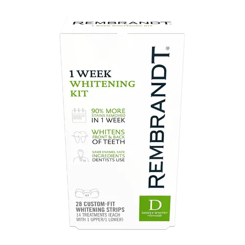 REMBRANDT Deeply White + Peroxide - Kit de blanqueamiento dental de 1 semana, elimina manchas difíciles, seguro para esmalte, 28 tiras blanqueadoras