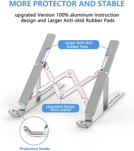 Vista 8 de Soporte para laptop, soporte portátil plegable de aluminio ajustable, almohadilla de silicona antideslizante completa, elevador de computadora